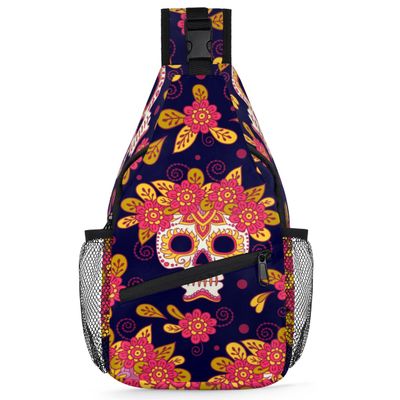 bisibuy Flower Skull Pattern Sling Bag for Women Men Crossbody Sling Backpack Shoulder Bag Chest Bag Daypack for Travel Hiking Outdoor