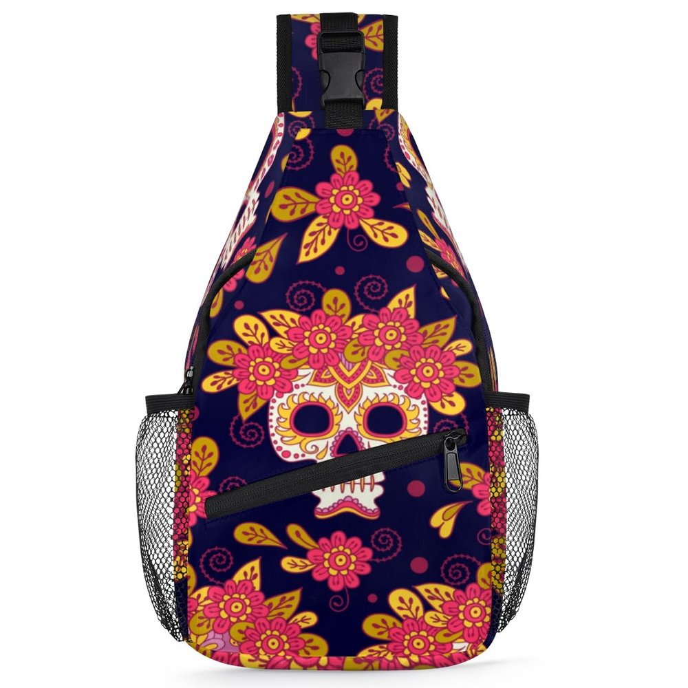 bisibuy Flower Skull Pattern Sling Bag for Women Men Crossbody Sling Backpack Shoulder Bag Chest Bag Daypack for Travel Hiking Outdoor