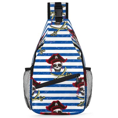 bisibuy Pirate Skull Blue Stripe Sling Bag for Women Men Crossbody Sling Backpack Shoulder Bag Chest Bag Daypack for Travel Hiking Outdoor