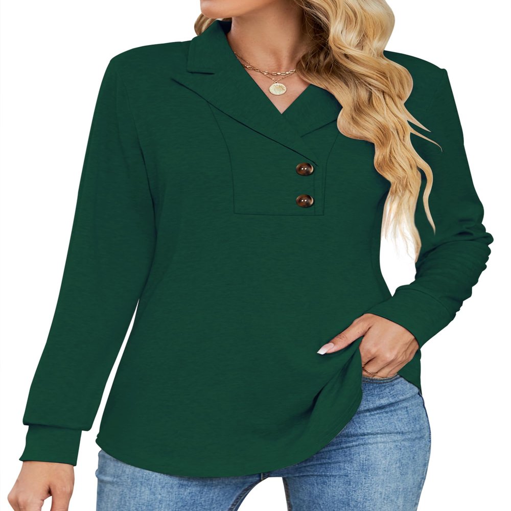 Micoson Christmas Tunic Tops to Wear with Leggings, Womens Winter Tops Long Sleeve Fashion Blouse Lapel V Neck Pullover Sweatshirt Green L