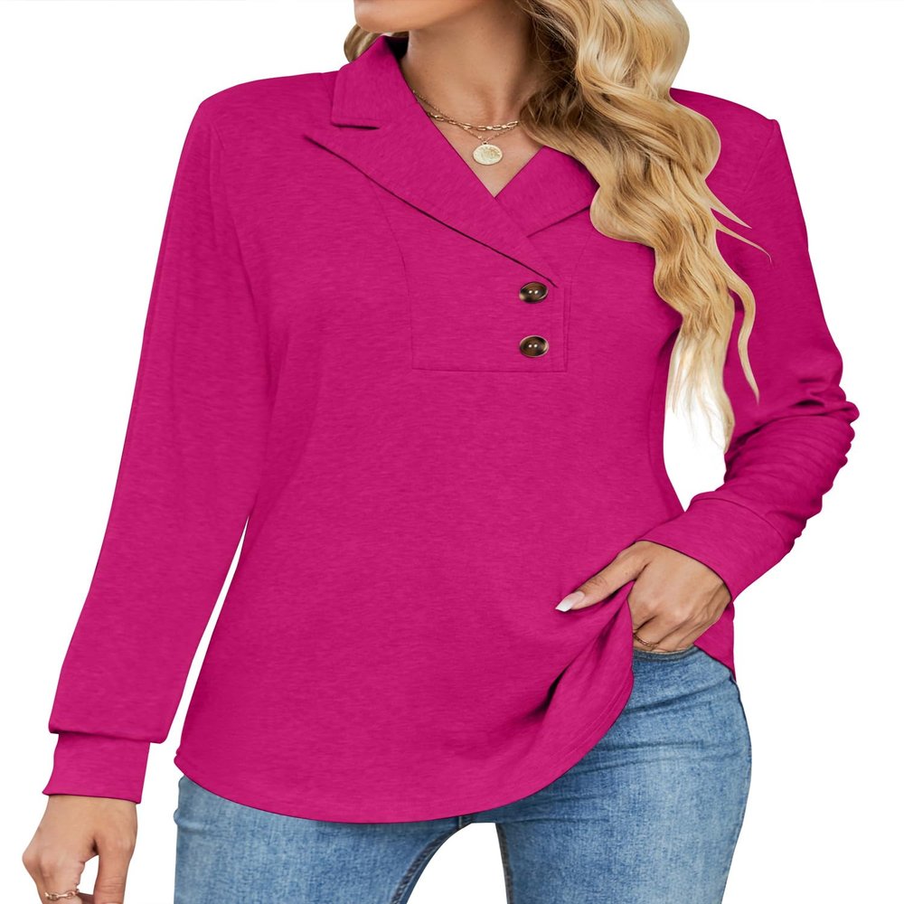 Micoson Swing Shirt, Womens Notch Neck Long Sleeve Cowl Neck Flowy Shirt Fall Hot Pink Tunic Tops for Leggings Classy Elegant Blouse M