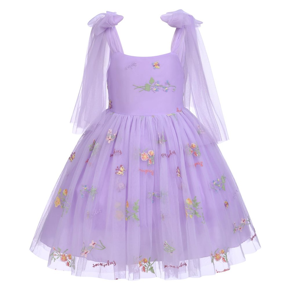 Toddler Baby Girls Floral Embroidery Ruffle Tulle Tutu Dress Kids Sleeveless Butterfly Birthday Christening Wedding Party Dresses Cake Smash Outfit Evening Gown Photo Shoot Purple Flowers 18-24 Months