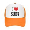 I Love Sluts Trucker hat Women Mesh Baseball Cap Sun Hat Fishing hat Men Hat Dad Hat Orange view 2