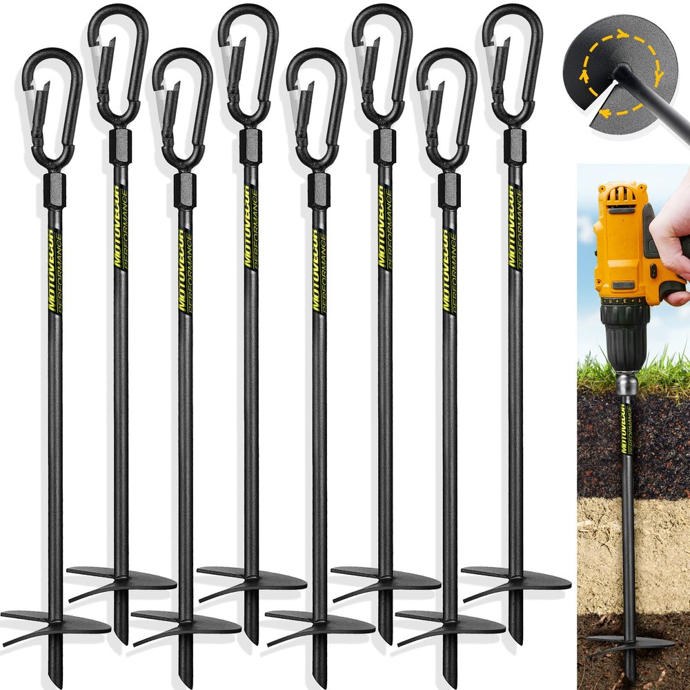 18 Heavy Duty Ground Anchors Screw in(1000lbs), Swing Set Earth Anchors Forged from High Strength Steel, Detachable Carabiner Design, High Wind Trampoline Stakes for Tents, Canopies, Sheds etc