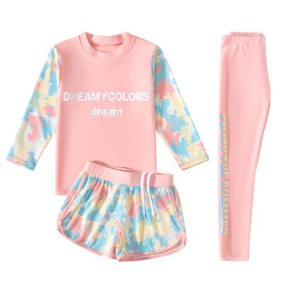 Moggemol Kids Girls Boys 3 Piece Swimsuit Long Sleeve Swim Shirt with Trunks Pants Rash Guard Set UPF 50+ Swimwear Lightpink 2-4 Years