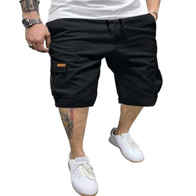 Dokotoo Men Mens Cargo Shorts Casual Linen Elastic 7 inch Drawstring Jogger Beach Hiking Jean Shorts with Pockets Knee Length Summer Shorts for Men Black 32