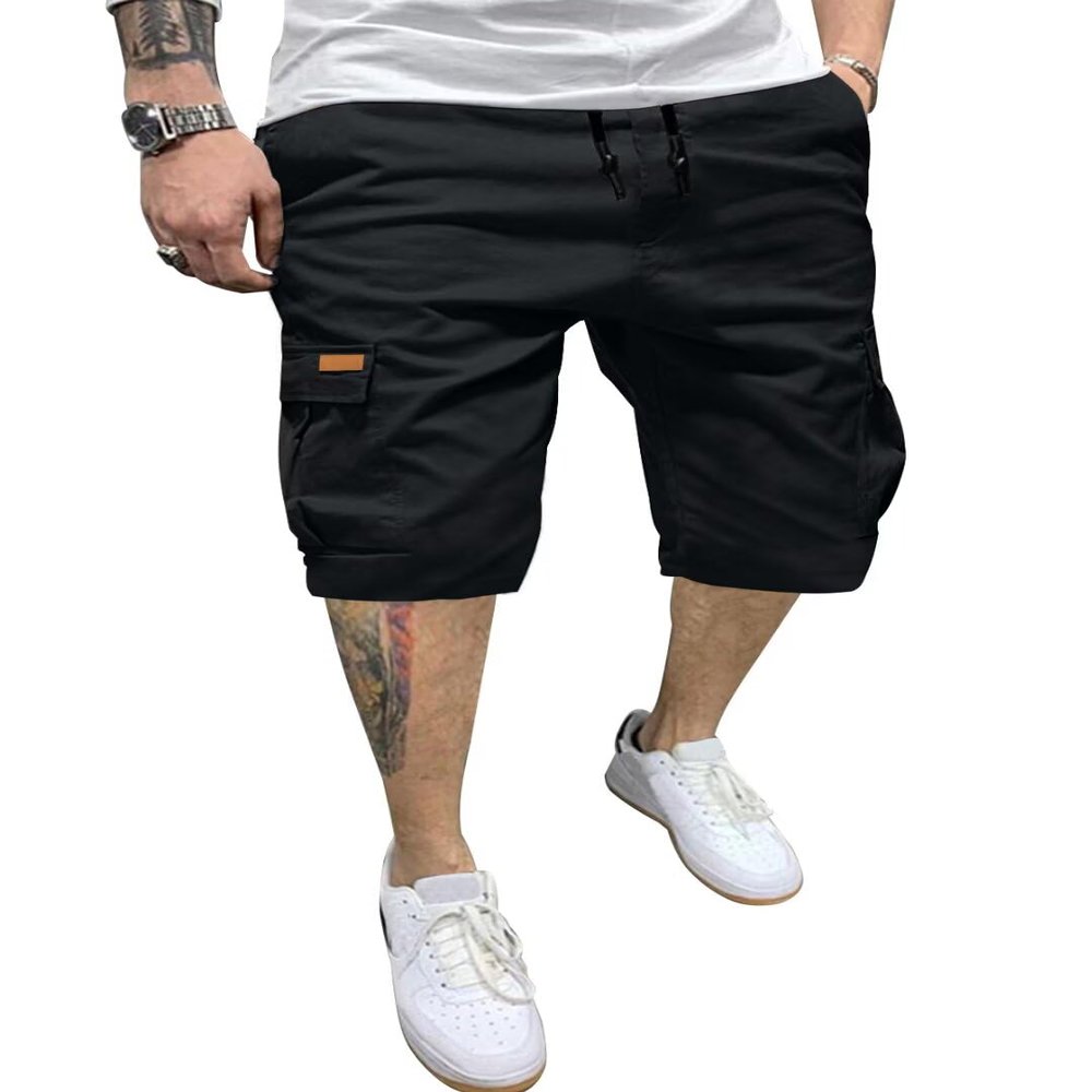 Dokotoo Men Mens Cargo Shorts Casual Linen Elastic 7 inch Drawstring Jogger Beach Hiking Jean Shorts with Pockets Knee Length Summer Shorts for Men Black 32