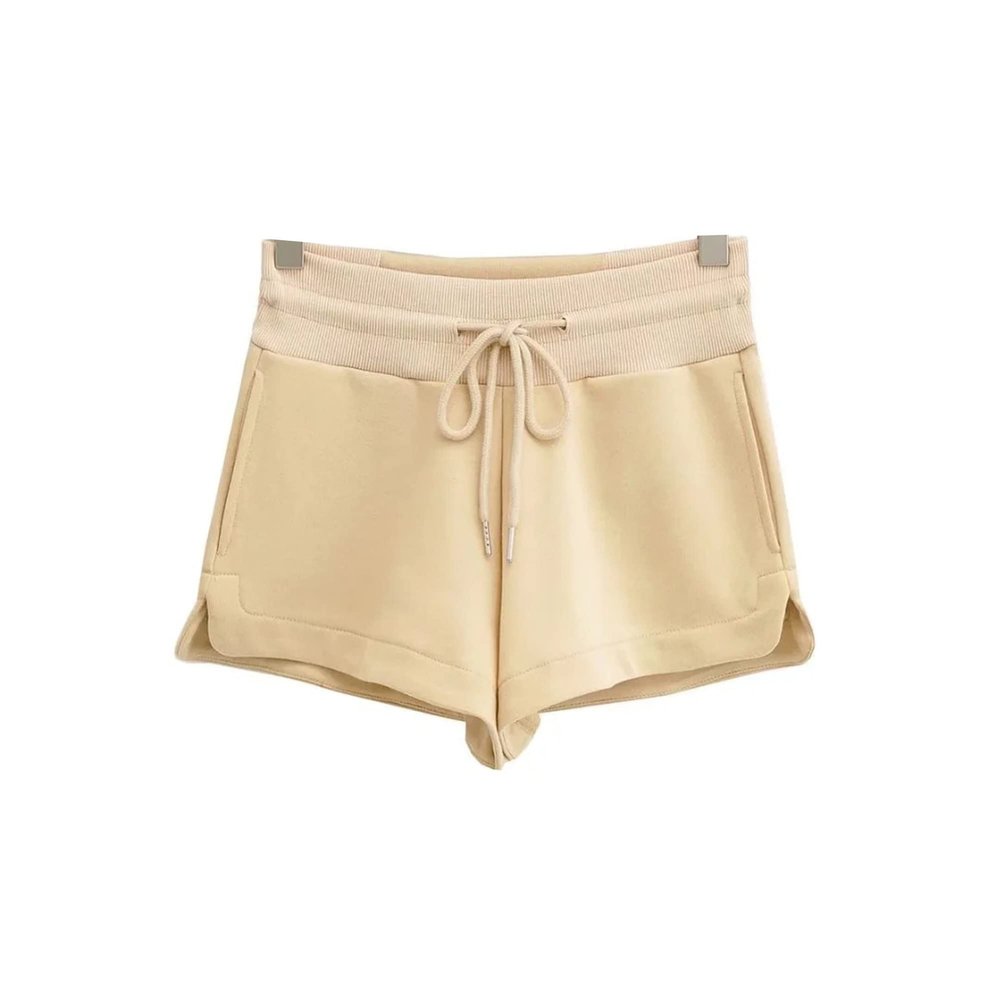 JEsilunmaMY Womens Side Slit Terry Drawstring Shorts Solid Color Elastic Waist Wide Leg Shorts Loose Casual Short with Pocket (Apricot,Medium)