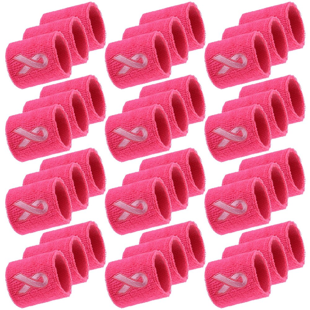 36 Pieces Breast Cancer Awareness Sweatband Pink Ribbon Wristbands Sports Sweatband for Football Basketball Baseball Running(Rose Red)