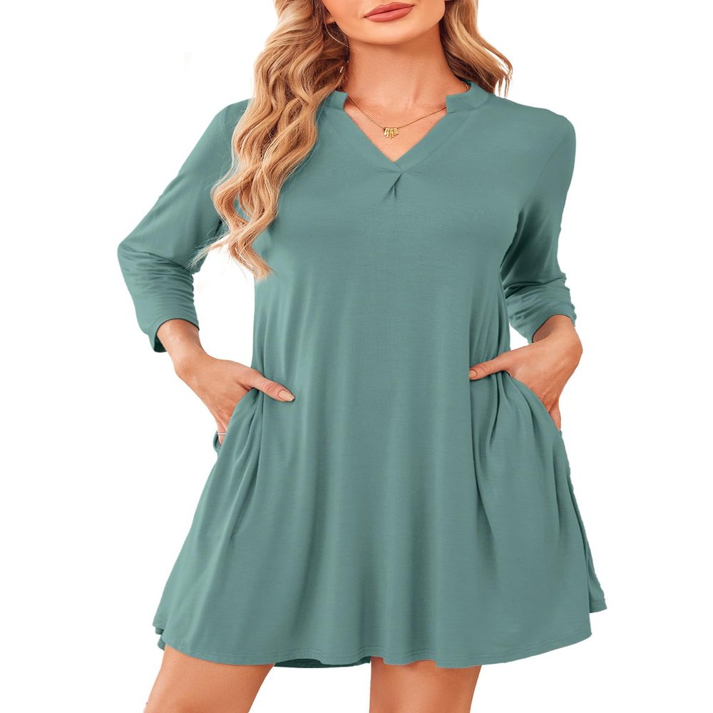 ZENNILO Womens 3/4 Sleeve Dress V Neck Plus Size Tshirt Dress for Women Knee Length with Pockets