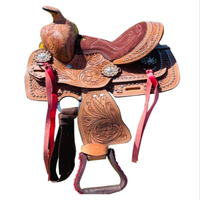 8" Leather Kids Western Horse Floral Tooled Saddle with Red Laces Premium Quality