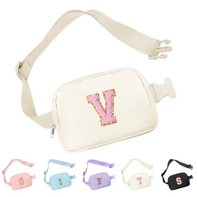 Aganmi Chenille Letter Crossbody Bags for Women Trendy, Waterproof Fanny Packs for Women Cross Body, Initial Letter Belt Bag with Multiple Inner Pockets and Adjustable Strap,V