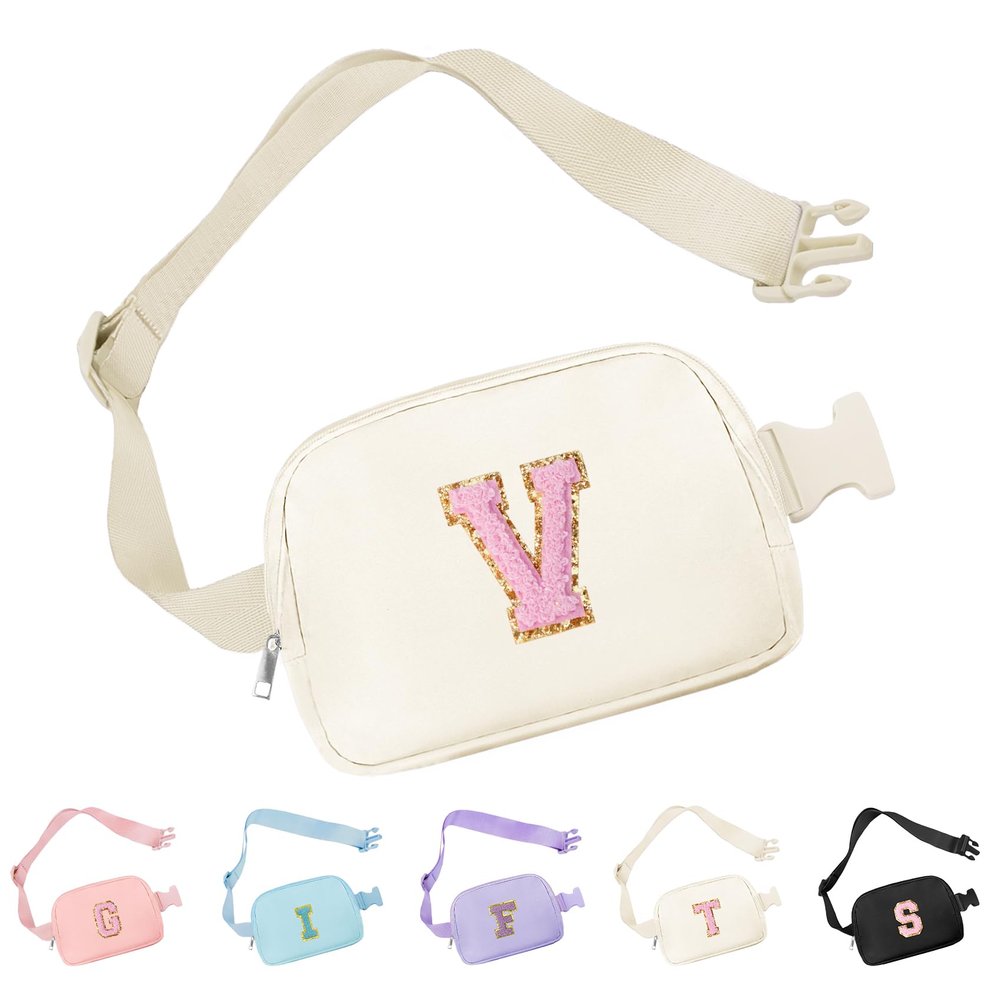 Aganmi Chenille Letter Crossbody Bags for Women Trendy, Waterproof Fanny Packs for Women Cross Body, Initial Letter Belt Bag with Multiple Inner Pockets and Adjustable Strap,V