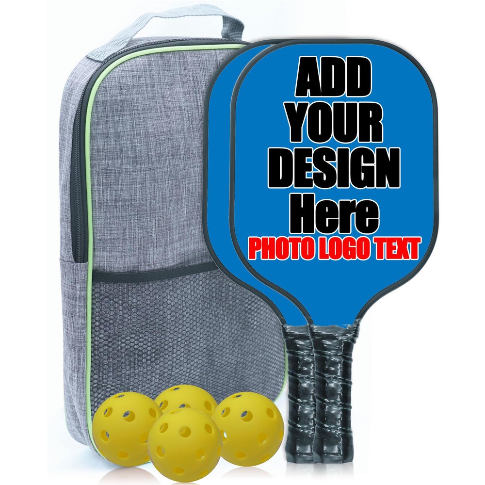 Custom Pickle Ball Paddles Set of 2 Pickleball with Your Photo Text Logo with 1 Portable Carry Bag 4 Balls SportBlue