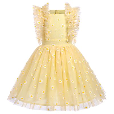 7th 8th Birthday Girl Outfit: Seventh Eighth Birthday Dress for Girls Cake Smash Toddler Boho Rainbow Princess Dresses Party Pageant Gown Kids Mini Tutu Skirt Photoshoot Yellow Daisy 7-8 Years