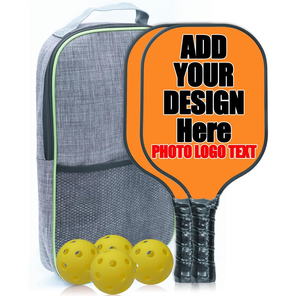 Custom Pickle Ball Paddles Set of 2 Pickleball with Your Photo Text Logo with 1 Portable Carry Bag 4 Balls Orange