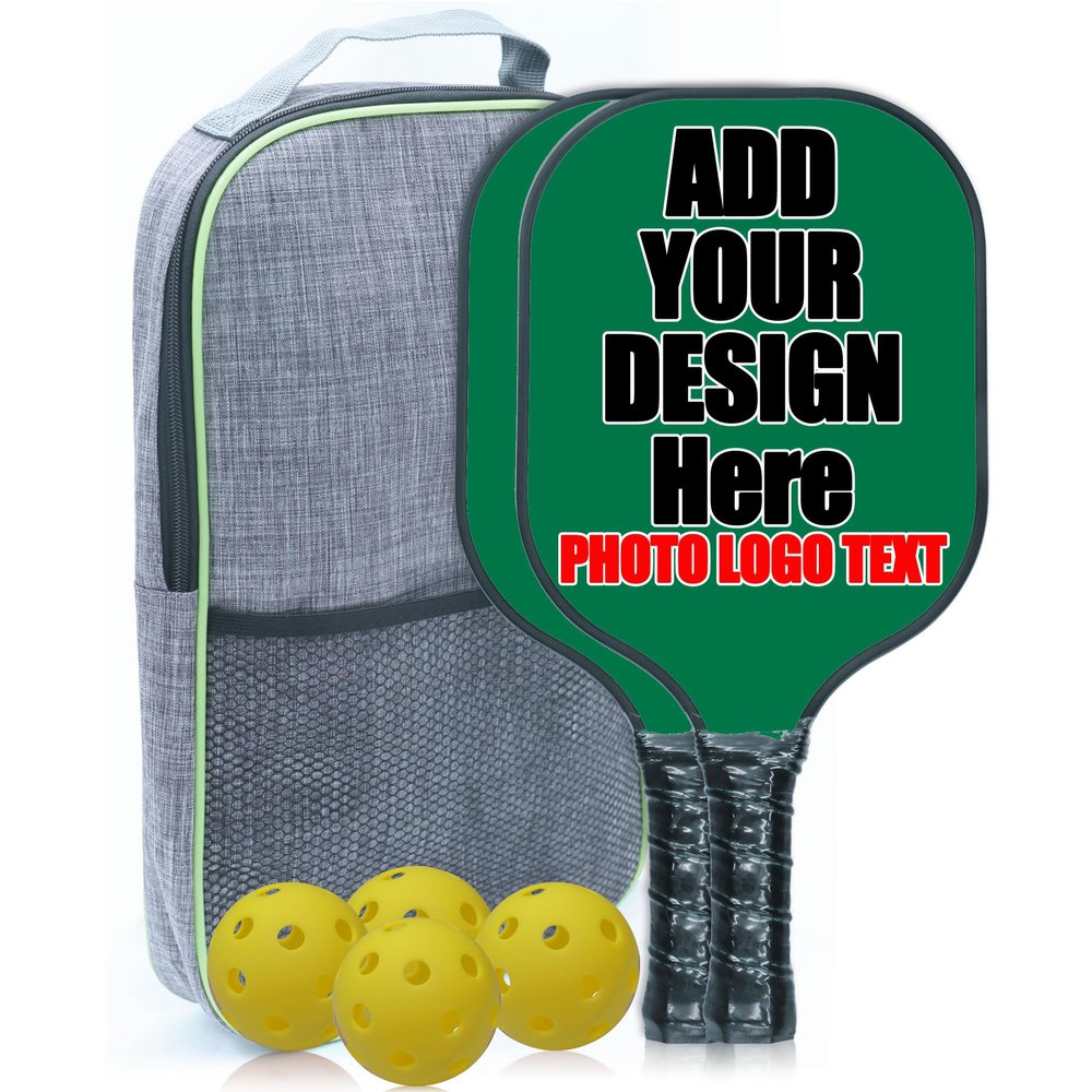 Custom Pickle Ball Paddles Set of 2 Pickleball with Your Photo Text Logo with 1 Portable Carry Bag 4 Balls ClassicGreen