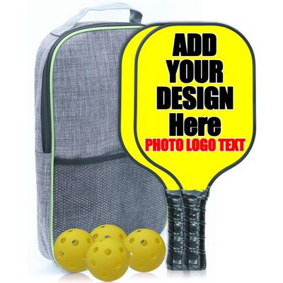 Custom Pickle Ball Paddles Set of 2 Pickleball with Your Photo Text Logo with 1 Portable Carry Bag 4 Balls Yellow