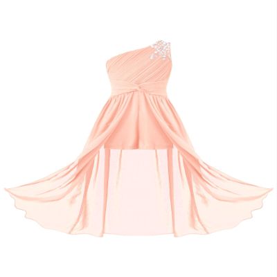 renvena Kids Flower Girls Beaded Wedding Dress One Shoulder Ruched Chiffon Romper with Maxi Skirts Pink 14 Years