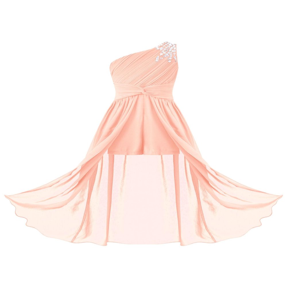renvena Kids Flower Girls Beaded Wedding Dress One Shoulder Ruched Chiffon Romper with Maxi Skirts Pink 14 Years