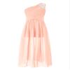 renvena Kids Flower Girls Beaded Wedding Dress One Shoulder Ruched Chiffon Romper with Maxi Skirts Pink 14 Years view 4