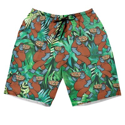 228CLOSET Bigfoot & Pizza Men's Swim Trunks - Fat Man Hawaiian Shorts for Men, Men's Summer Bathing Shorts Set 37 Size Size XL
