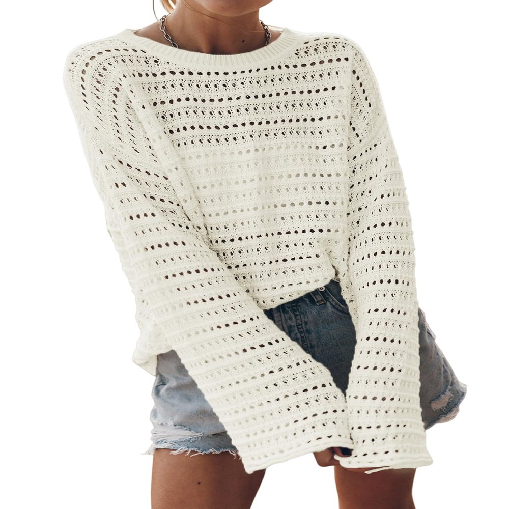 Sidefeel Womens Fall Outfit 2025 Lightweight Sweater Crochet Hollow Out Knit Winter Clothes X-Large White