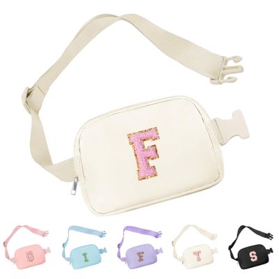 Aganmi Chenille Letter Crossbody Bags for Women Trendy, Waterproof Fanny Packs for Women Cross Body, Initial Letter Belt Bag with Multiple Inner Pockets and Adjustable Strap,F