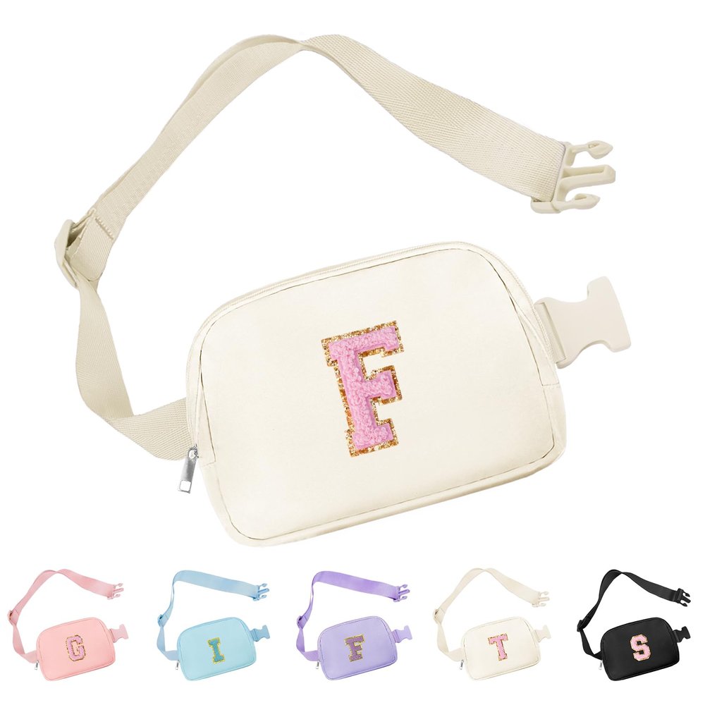 Aganmi Chenille Letter Crossbody Bags for Women Trendy, Waterproof Fanny Packs for Women Cross Body, Initial Letter Belt Bag with Multiple Inner Pockets and Adjustable Strap,F