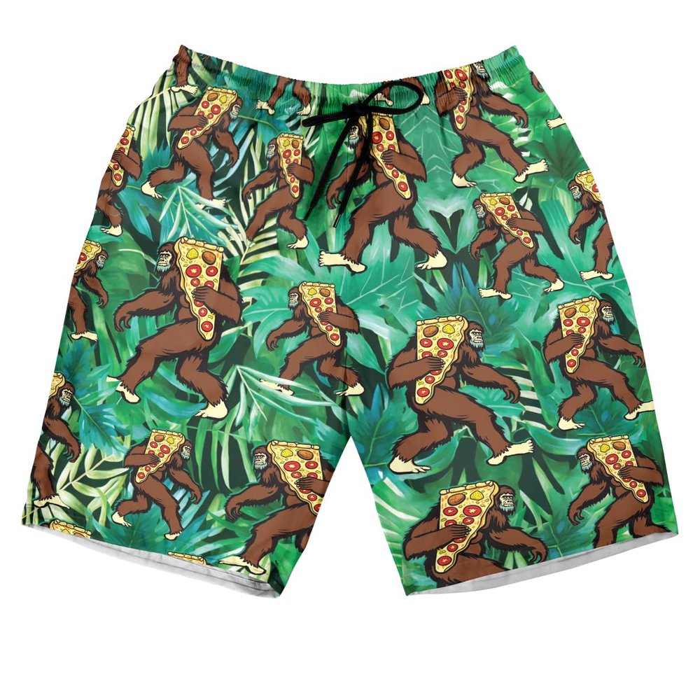 228CLOSET Bigfoot Men's Swim Trunks - Carrying Pizza Hawaiian Shorts for Men, Men's Summer Bathing Shorts Set 37 Size Size 2XL