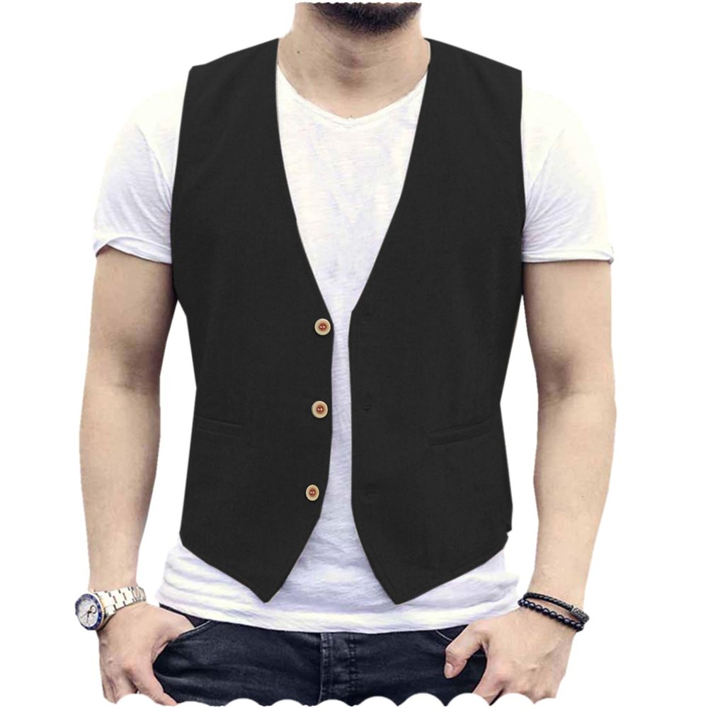Tuikayoo Men's Summer Linen Vest Suit Waistcoat Casual Vest Regular Fit(Black,XL)