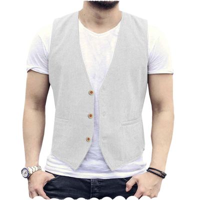 Tuikayoo Men's Summer Linen Vest Suit Waistcoat Casual Vest Regular Fit(White,XL)