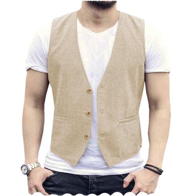 Tuikayoo Men's Summer Linen Vest Suit Waistcoat Casual Vest Regular Fit(Champagne,3XL)