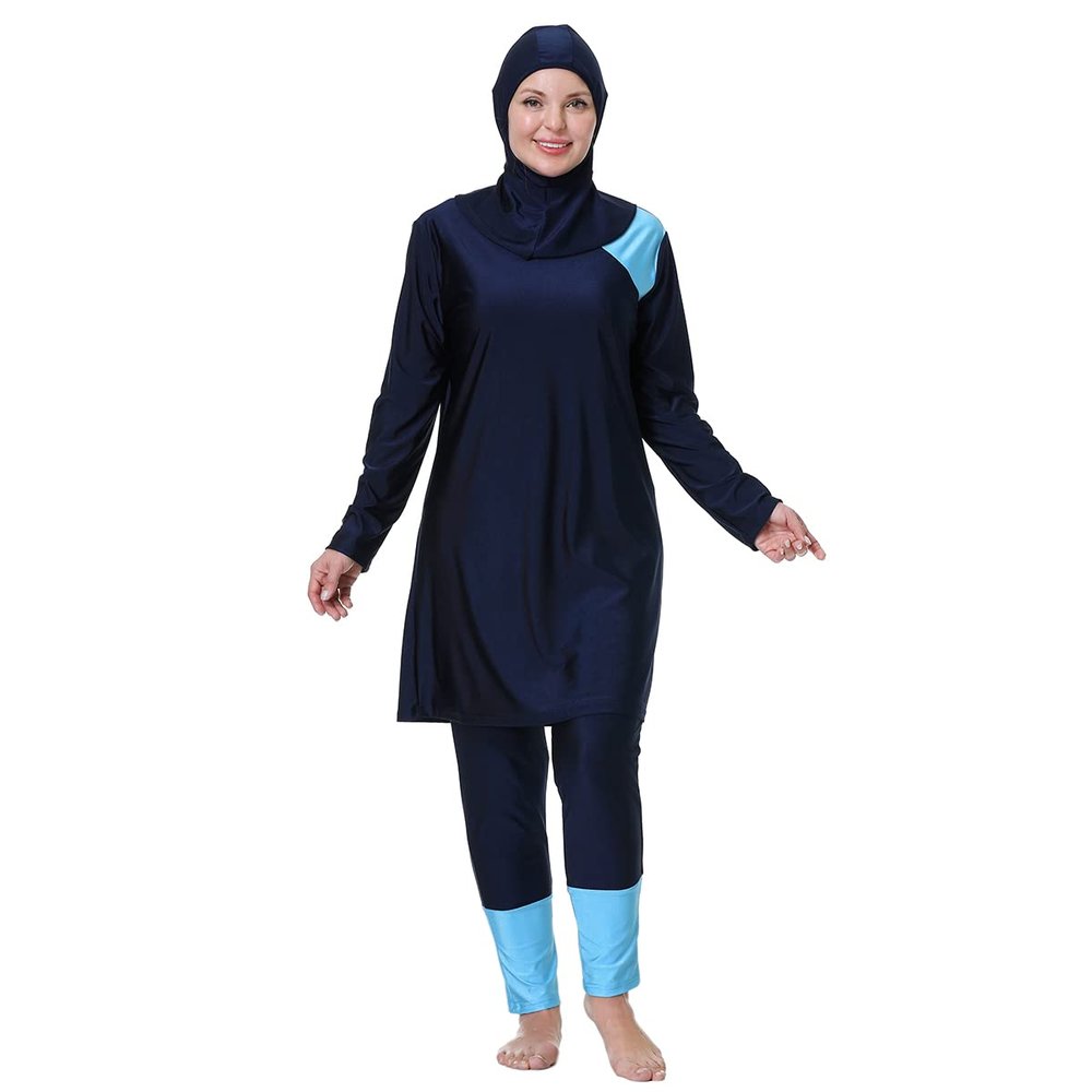 Plus Size Burkini Swimsuit for Women Modest Muslim Swimwear Full Cover Swim Top Pants Hijab Set Navy Blue + Blue 5XL