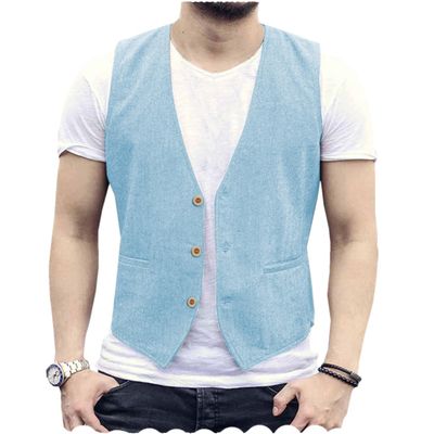 Tuikayoo Men's Summer Linen Vest Suit Waistcoat Casual Vest Regular Fit(Light Blue,M)
