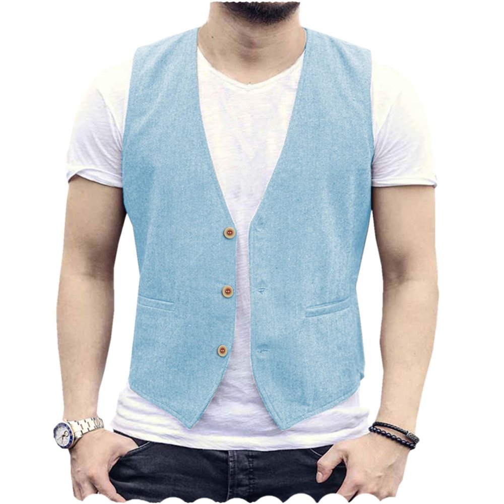 Tuikayoo Men's Summer Linen Vest Suit Waistcoat Casual Vest Regular Fit(Light Blue,M)