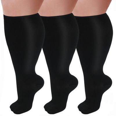 GET-FA 3 Pairs Plus Size Compression Socks for Women and Men Wide Calf 20-30mmhg Extra Large Knee High Support for Circulation