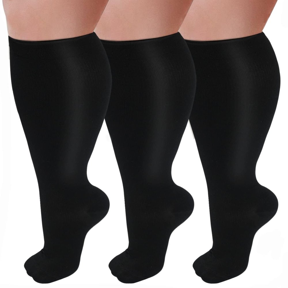 GET-FA 3 Pairs Plus Size Compression Socks for Women and Men Wide Calf 20-30mmhg Extra Large Knee High Support for Circulation