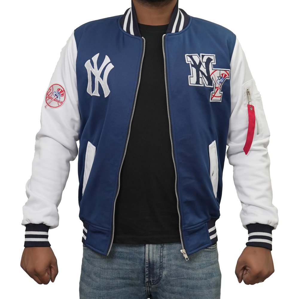Mens Vintage NY Basketball Polyester Jacket - MA-1 Bomber with PU Leather Sleeves