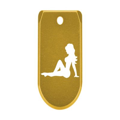 NDZ Performance Magazine Base Plate with Finger Extension for Sig P365 .380 ACP  Trucker Mudflap Girl  Gold  Anodized Aluminum  Made in USA