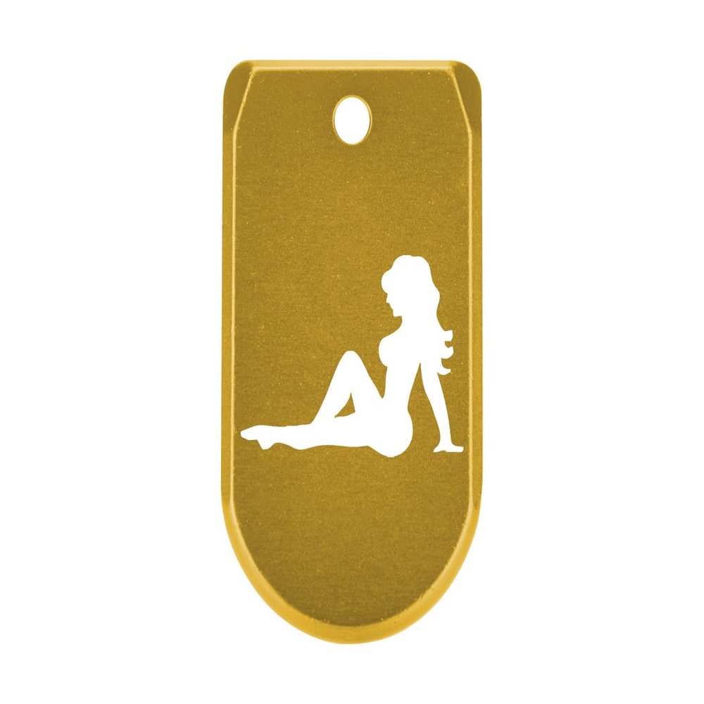 NDZ Performance Magazine Base Plate with Finger Extension for Sig P365 .380 ACP  Trucker Mudflap Girl  Gold  Anodized Aluminum  Made in USA