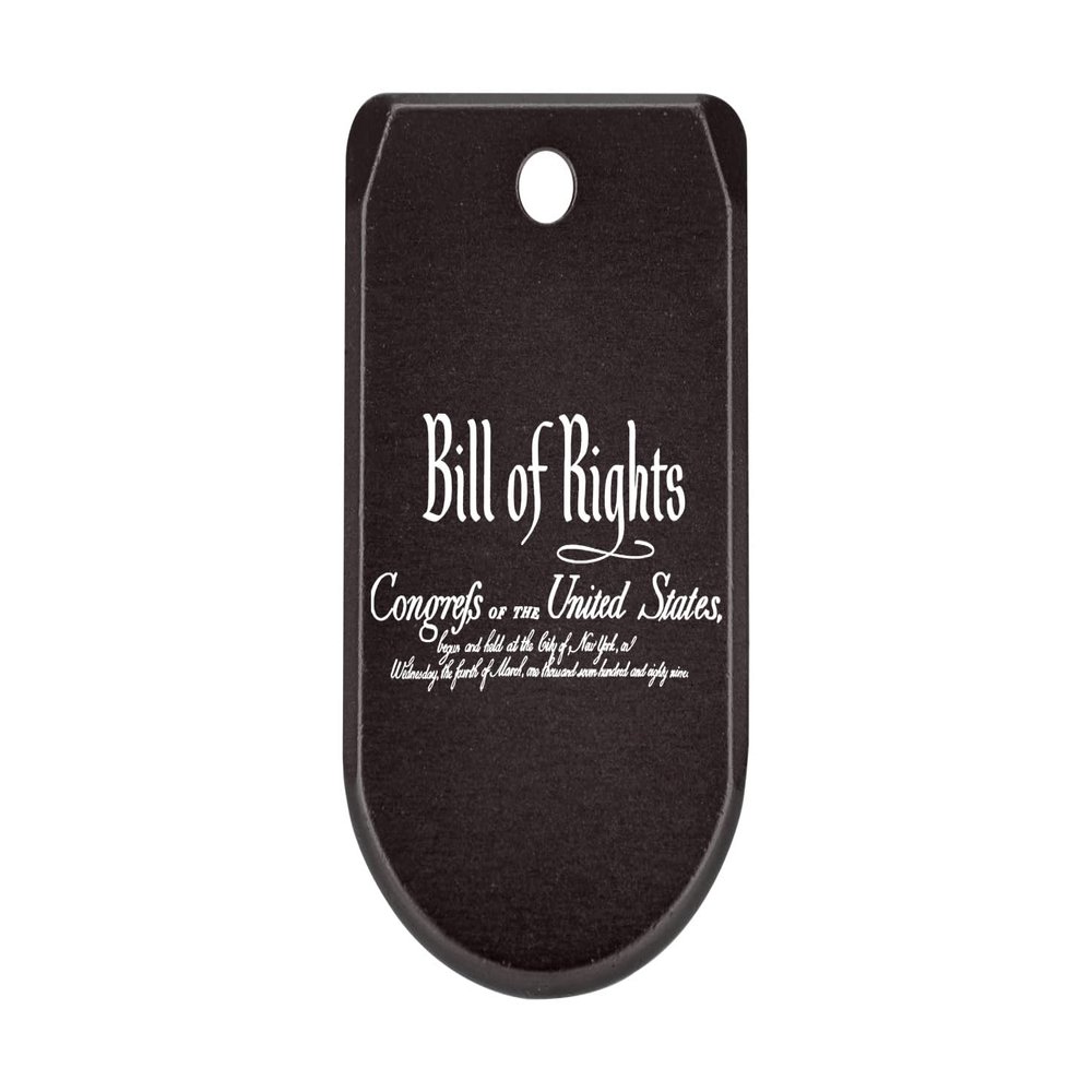 NDZ Performance Magazine Base Plate with Finger Extension for Sig P365 .380 ACP  Bill of Rights Script Text  Black  Anodized Aluminum  Made in USA