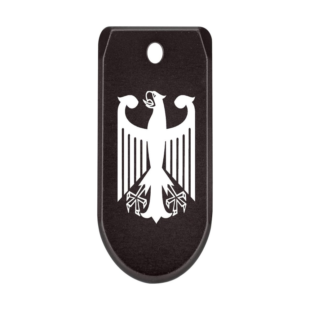 NDZ Performance Magazine Base Plate with Finger Extension for Sig P365 .380 ACP  German Coat of Arms Federal Eagle  Black  Anodized Aluminum  Made in USA