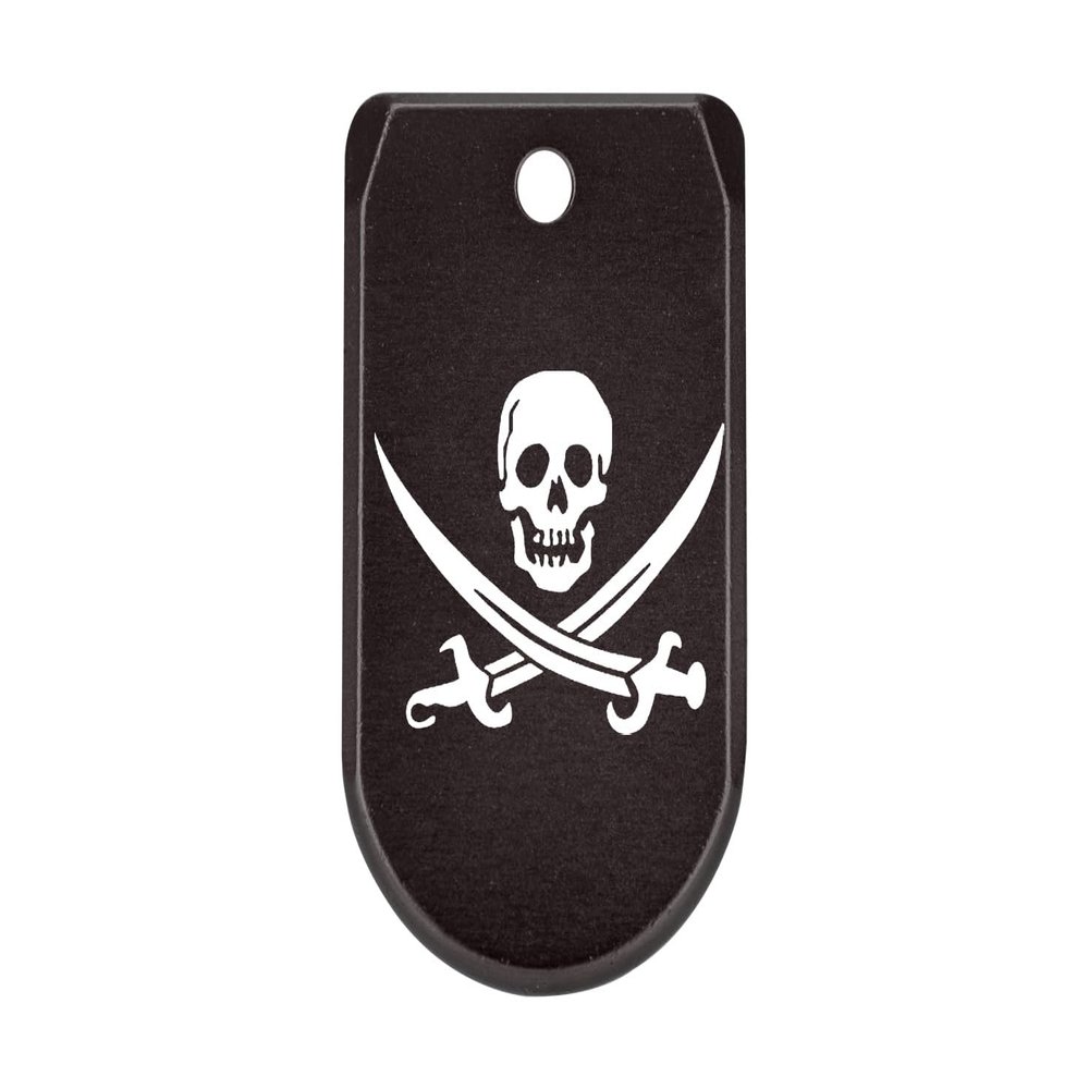 NDZ Performance Magazine Base Plate with Finger Extension for Sig P365 .380 ACP  Skull Jolly Roger 2  Black  Anodized Aluminum  Made in USA
