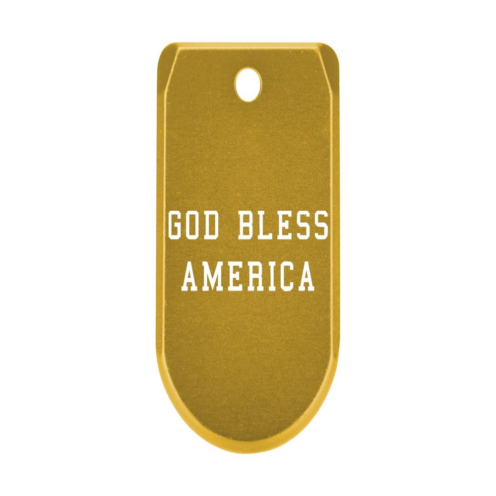 NDZ Performance Magazine Base Plate with Finger Extension for Sig P365 .380 ACP  God Bless America Text  Gold  Anodized Aluminum  Made in USA
