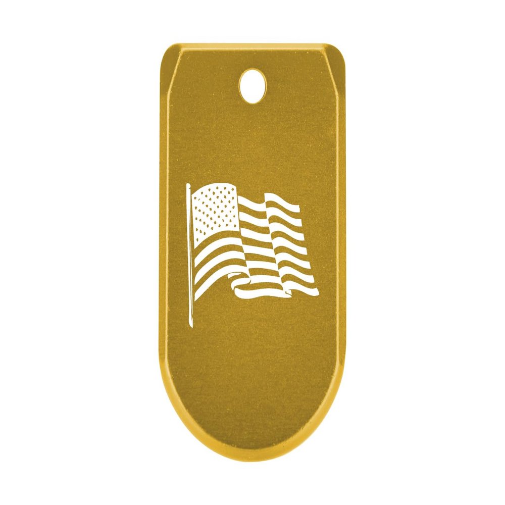 NDZ Performance Magazine Base Plate with Finger Extension for Sig P365 .380 ACP US Flag Wave 2 Gold Anodized Aluminum Made in USA