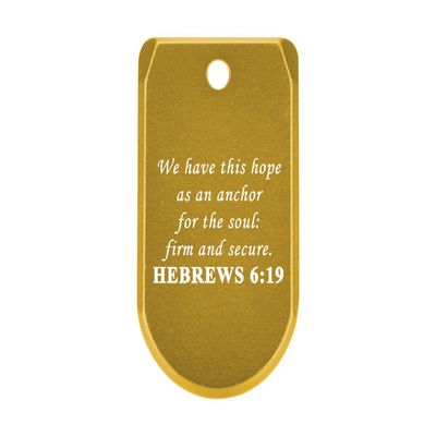 NDZ Performance Magazine Base Plate with Finger Extension for Sig P365 .380 ACP  Bible Hebrews 6:19  Gold  Anodized Aluminum  Made in USA