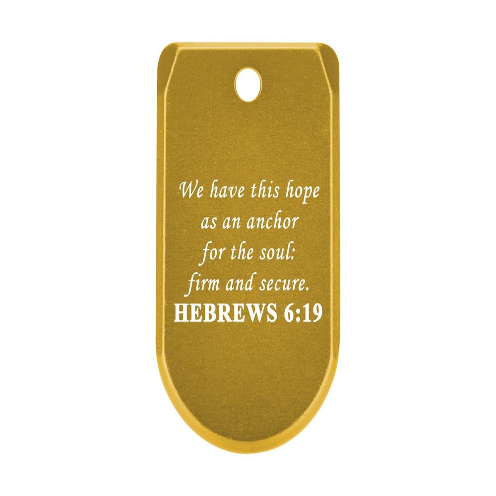 NDZ Performance Magazine Base Plate with Finger Extension for Sig P365 .380 ACP  Bible Hebrews 6:19  Gold  Anodized Aluminum  Made in USA