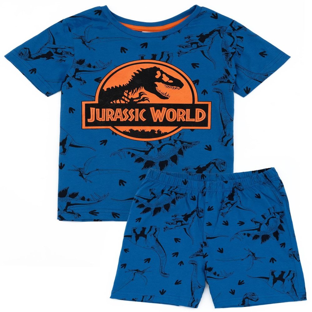 Jurassic World Boys Pajama Set | Kids Blue Short Sleeve T-Shirt & Shorts Loungewear PJs Outfit Bundle | Dinosaur Movie Gift