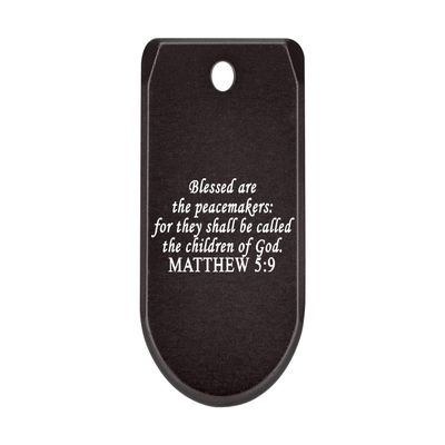 NDZ Performance Magazine Base Plate with Finger Extension for Sig P365 .380 ACP  Bible Matthew 5:9  Black  Anodized Aluminum  Made in USA